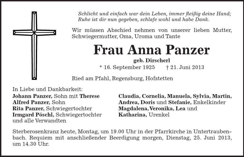 Traueranzeige Anna Panzer
