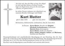 Traueranzeige Kurt Hutter