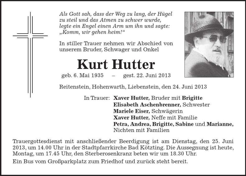 Traueranzeige Kurt Hutter