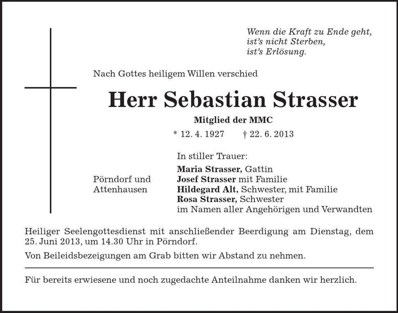 Traueranzeige Sebastian Strasser