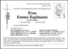 Traueranzeige Emma Zaglmann