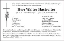 Traueranzeige Walter Hastreiter