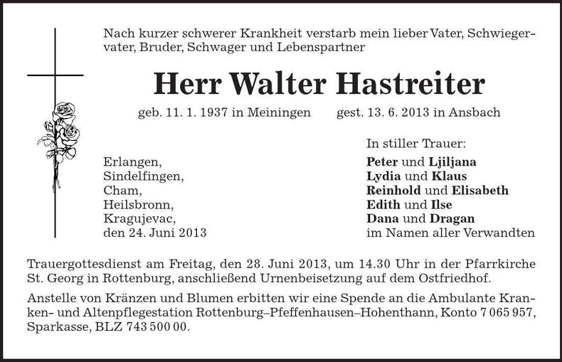 Traueranzeige Walter Hastreiter