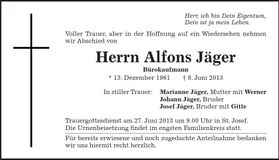 Traueranzeige Alfons Jäger