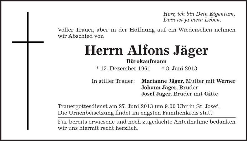 Traueranzeige Alfons Jäger