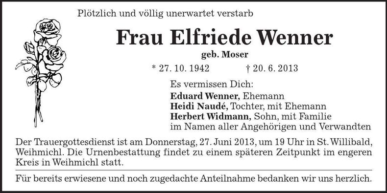 Traueranzeige Elfriede Wenner