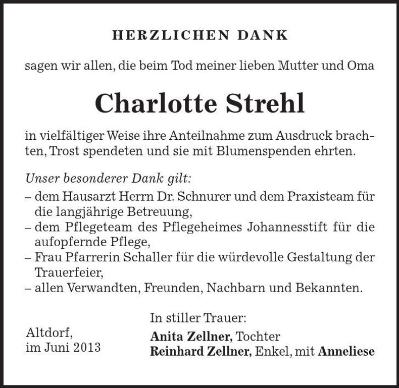 Traueranzeige Charlotte Strehl