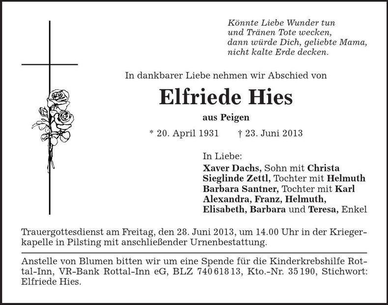 Traueranzeige Elfriede Hies