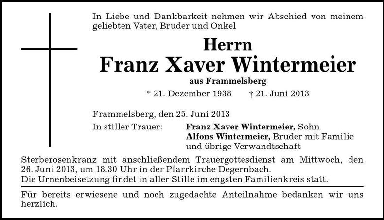 Traueranzeige Franz Xaver Wintermeier