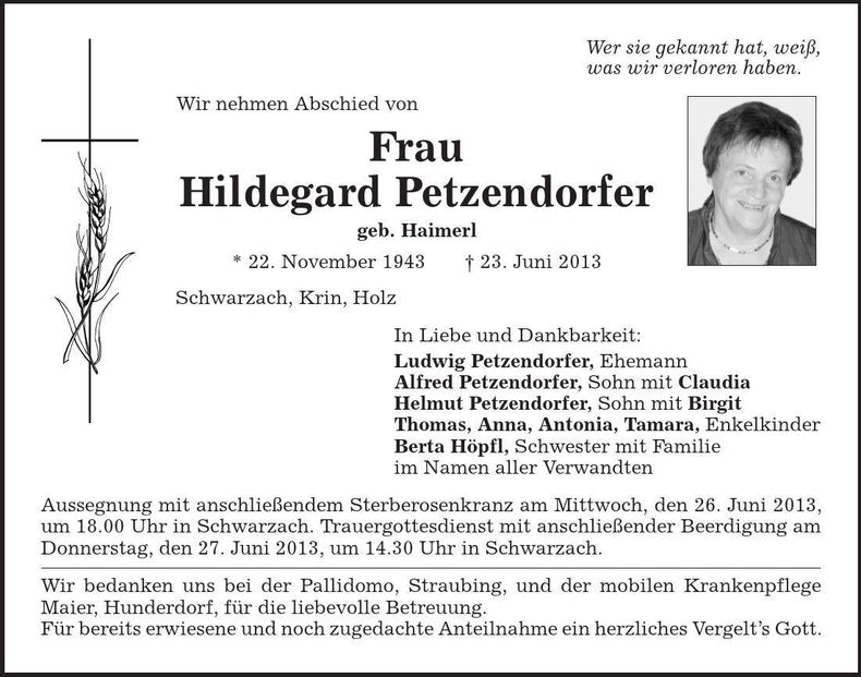 Traueranzeige Hildegard Petzendorfer