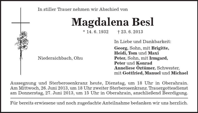 Traueranzeige Magdalena Besl