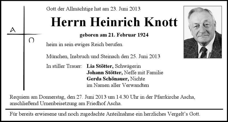 Traueranzeige Heinrich Knott