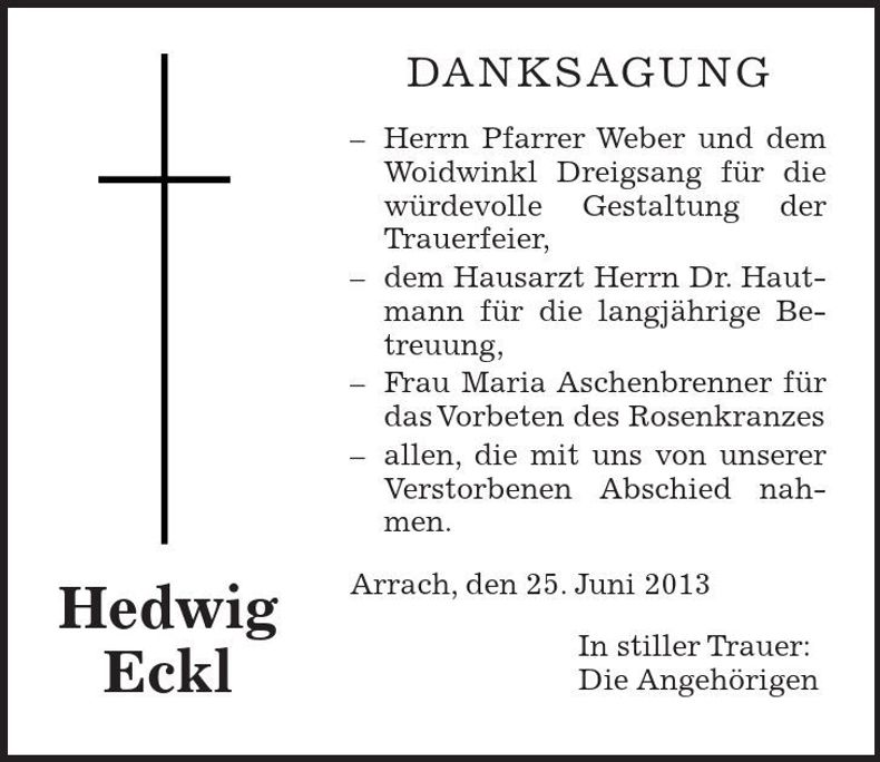 Traueranzeige Hedwig Eckl