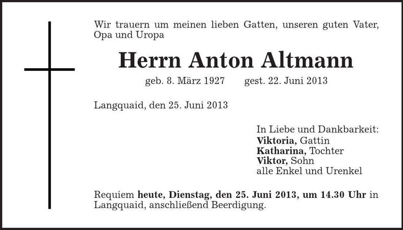 Traueranzeige Anton Altmann