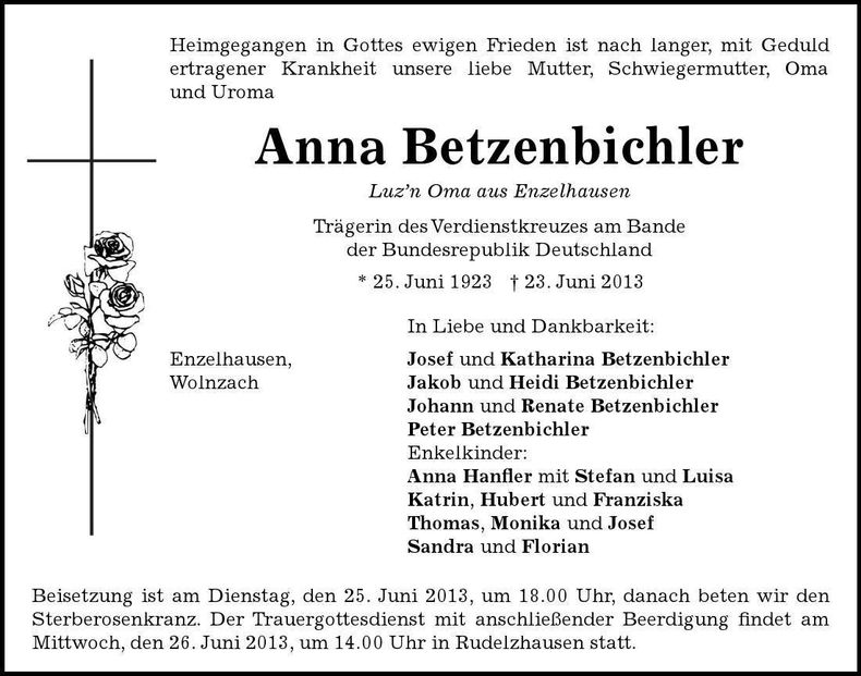 Traueranzeige Anna Betzenbichler