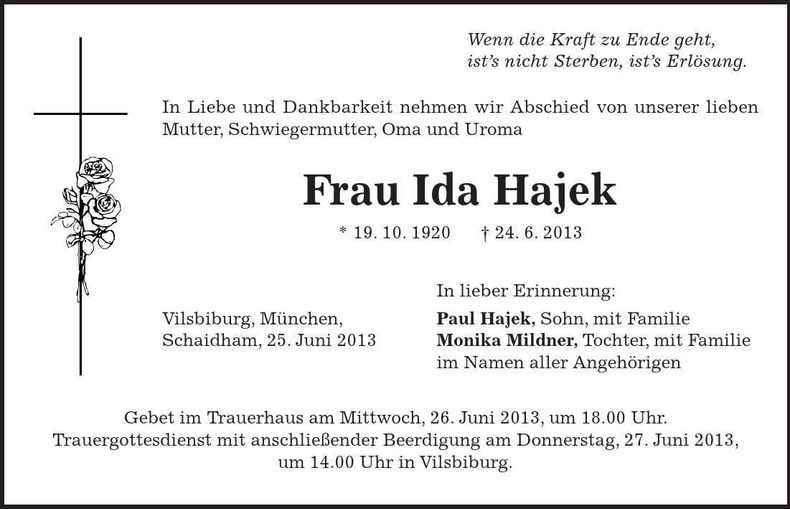 Traueranzeige Ida Hajek