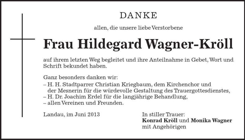 Traueranzeige Hildegard Wagner-Kröll