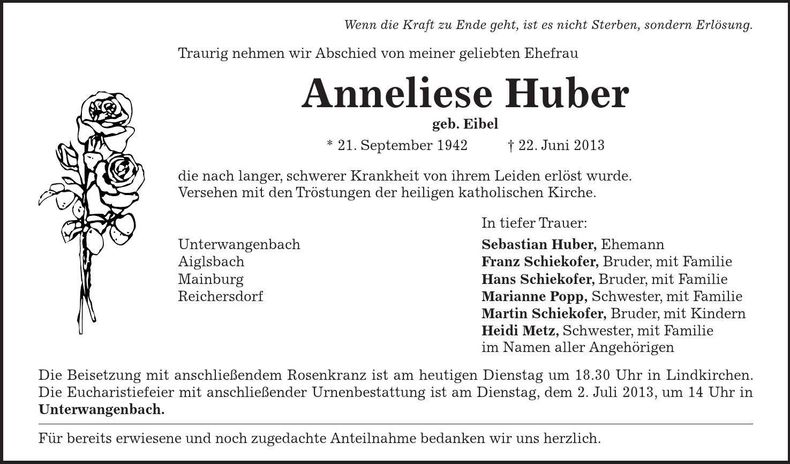 Traueranzeige Anneliese Huber