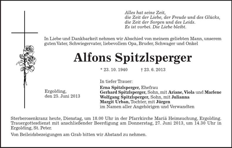 Traueranzeige Alfons Spitzlsperger