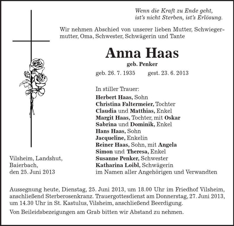 Traueranzeige Anna Haas