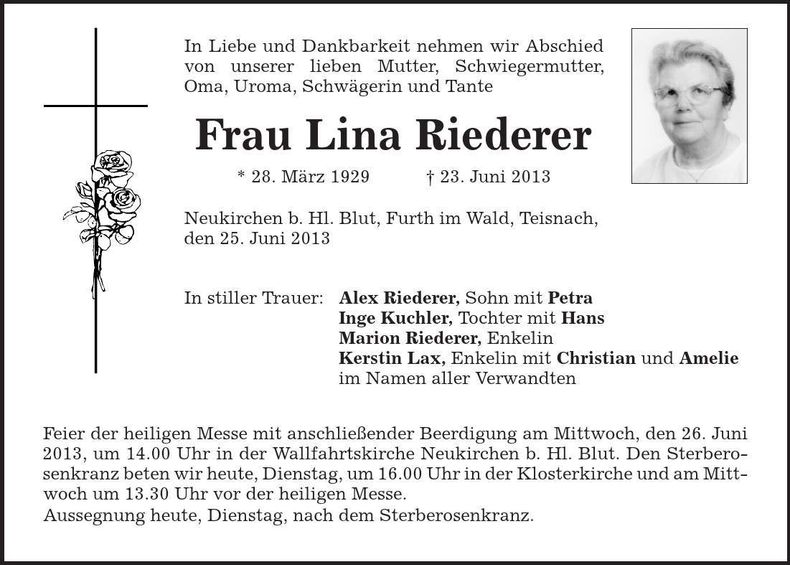 Traueranzeige Lina Riederer