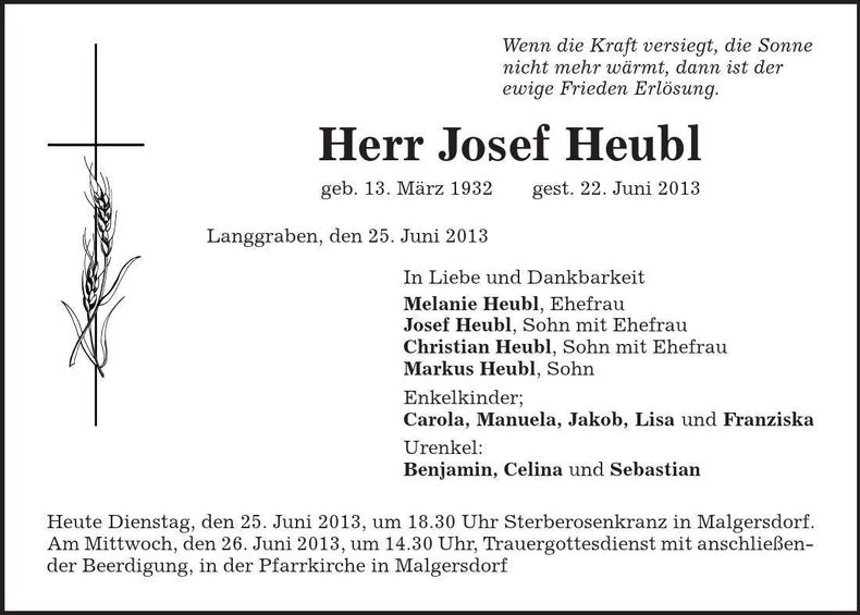 Traueranzeige Josef Heubl