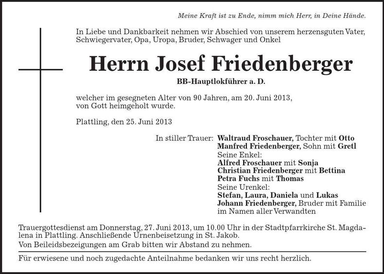Traueranzeige Josef Friedenberger
