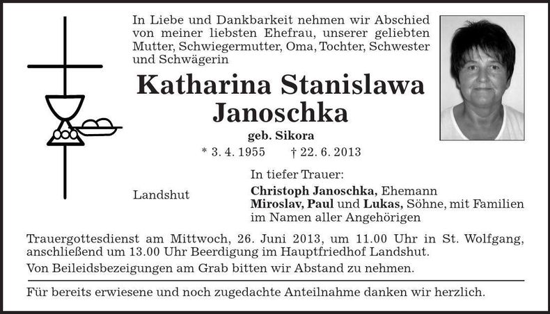 Traueranzeige Katharina Stanislawa Janoschka