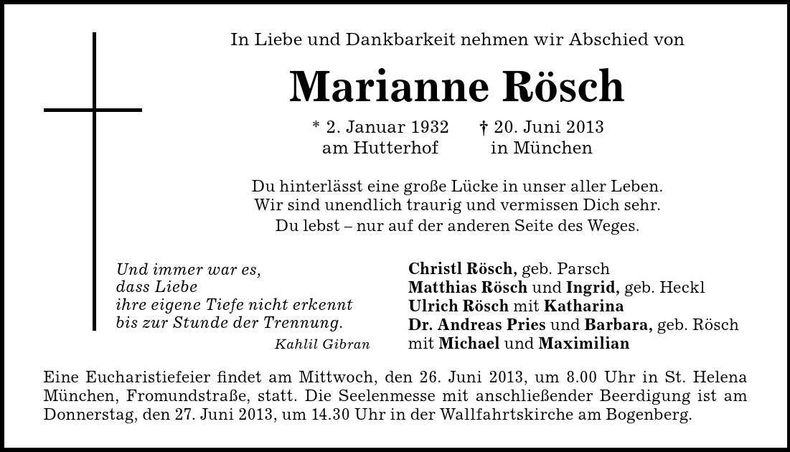 Traueranzeige Marianne Rösch