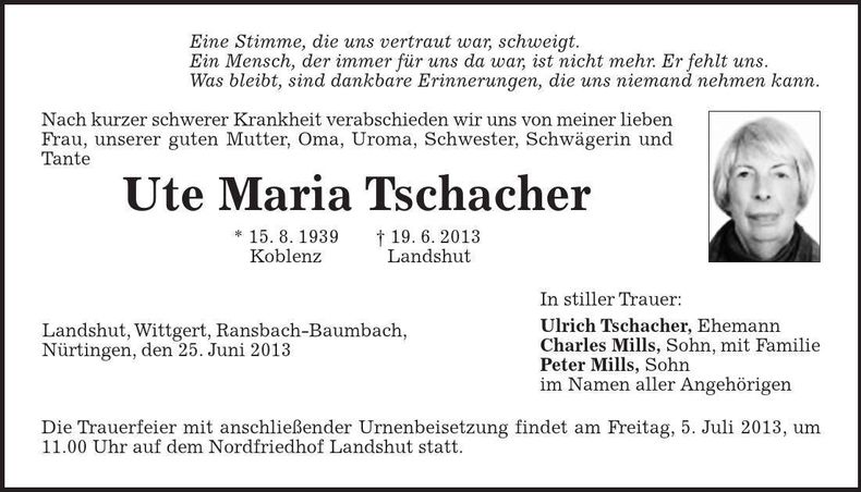 Traueranzeige Maria Tschacher