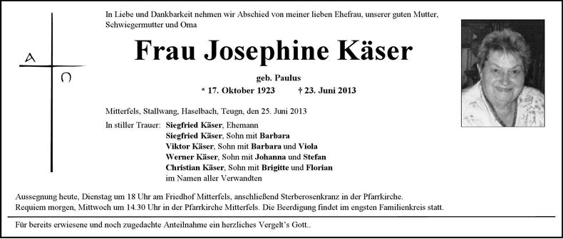 Traueranzeige Josephine Käser