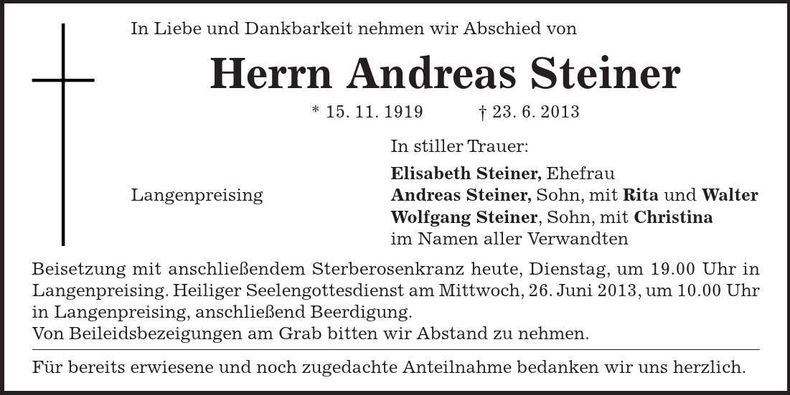 Traueranzeige Andreas Steiner