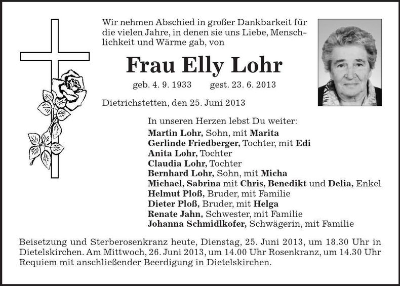 Traueranzeige Elly Lohr
