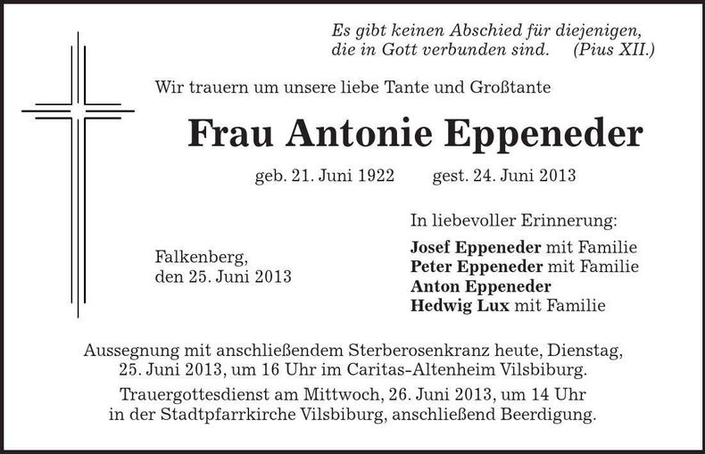 Traueranzeige Antonie Eppeneder