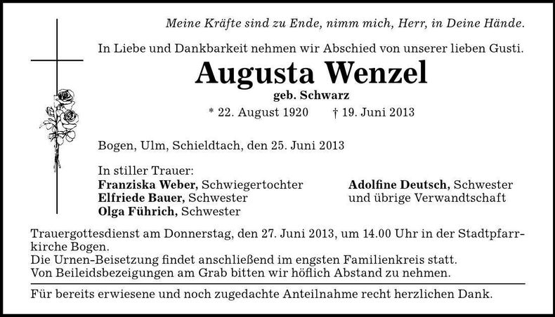 Traueranzeige Augusta Wenzel