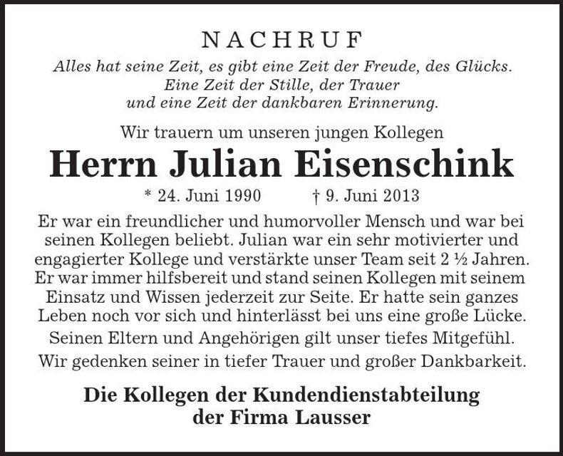 Traueranzeige Julian Eisenschink