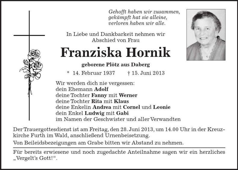 Traueranzeige Franziska Hornik