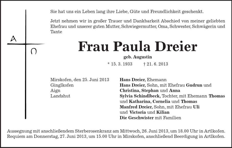 Traueranzeige Paula Dreier
