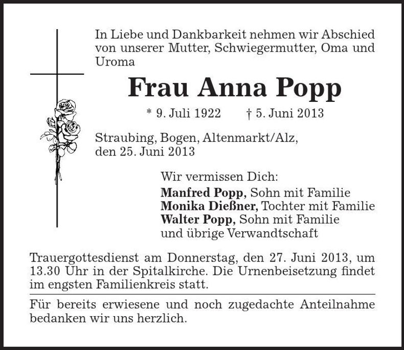 Traueranzeige Anna Popp