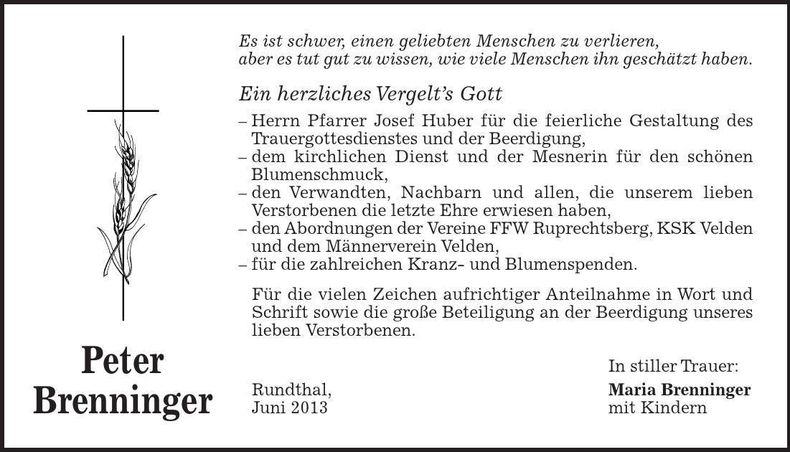Traueranzeige Peter Brenninger
