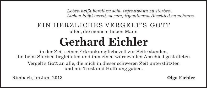 Traueranzeige Gerhard Eichler
