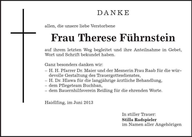 Traueranzeige Therese Führnstein