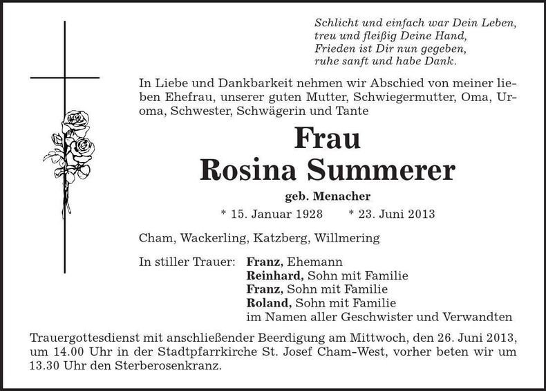Traueranzeige Rosina Summerer