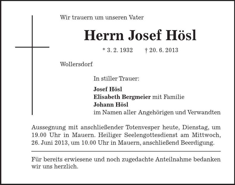 Traueranzeige Josef Hösl