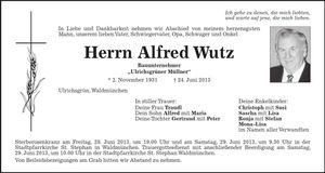 Traueranzeige Alfred Wutz