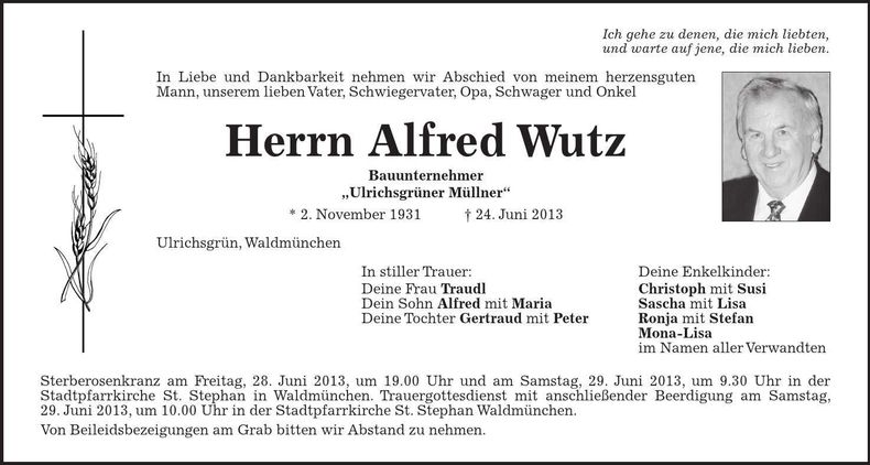 Traueranzeige Alfred Wutz