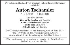 Traueranzeige Anton Tschamler