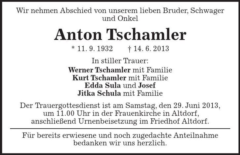 Traueranzeige Anton Tschamler