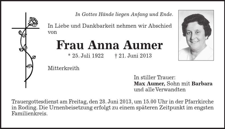 Traueranzeige Anna Aumer