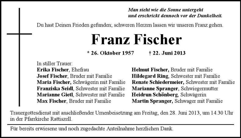 Traueranzeige Franz Fischer